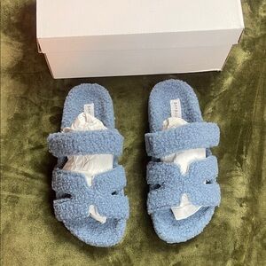 Blue H Fuzzy Slide Sandals